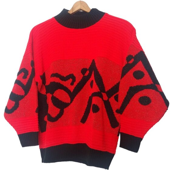Vintage 80s Womens Large Arielle Sweater Red Glitter Abstract Retro READ NO TAG - Picture 1 of 10